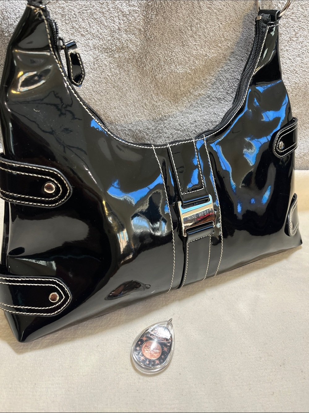 VINTAGE Nine West Black Patent Shoulder Bag with White Contrast Stitching